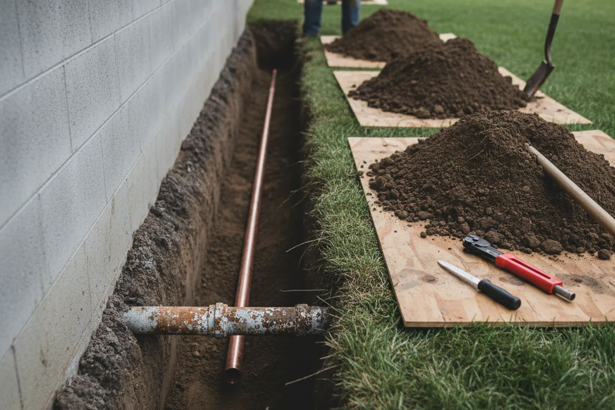 Excavated water line trench during Water Softener Installation in Bedford